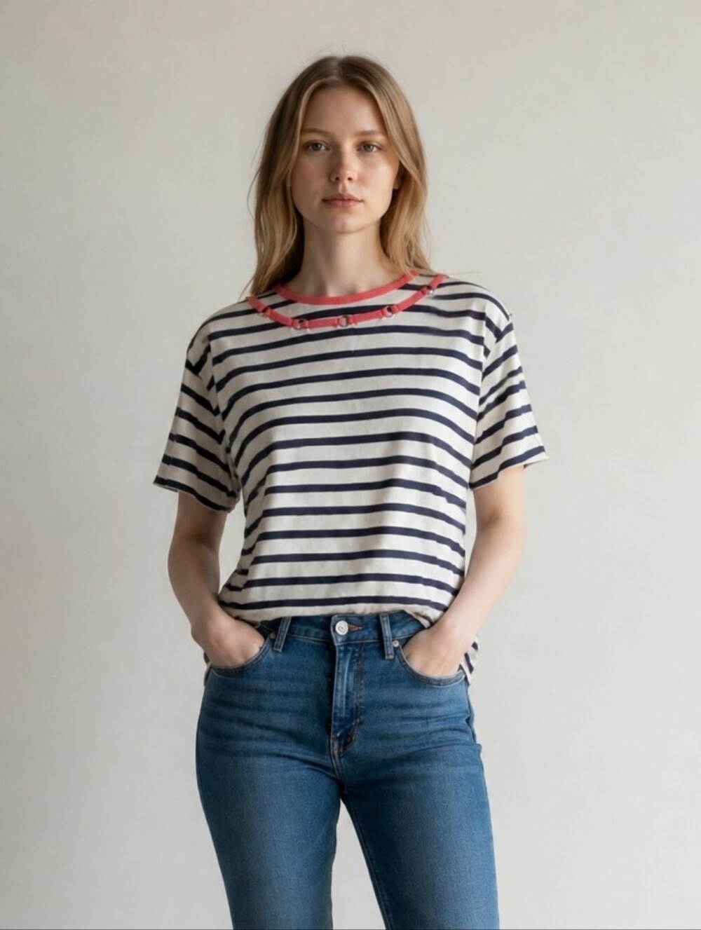 Bon Worth Navy and White Striped Blouse with Pink Accents NWT
